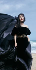 李菲儿大秀气质美肩，着黑色露肩长裙海边写真图片