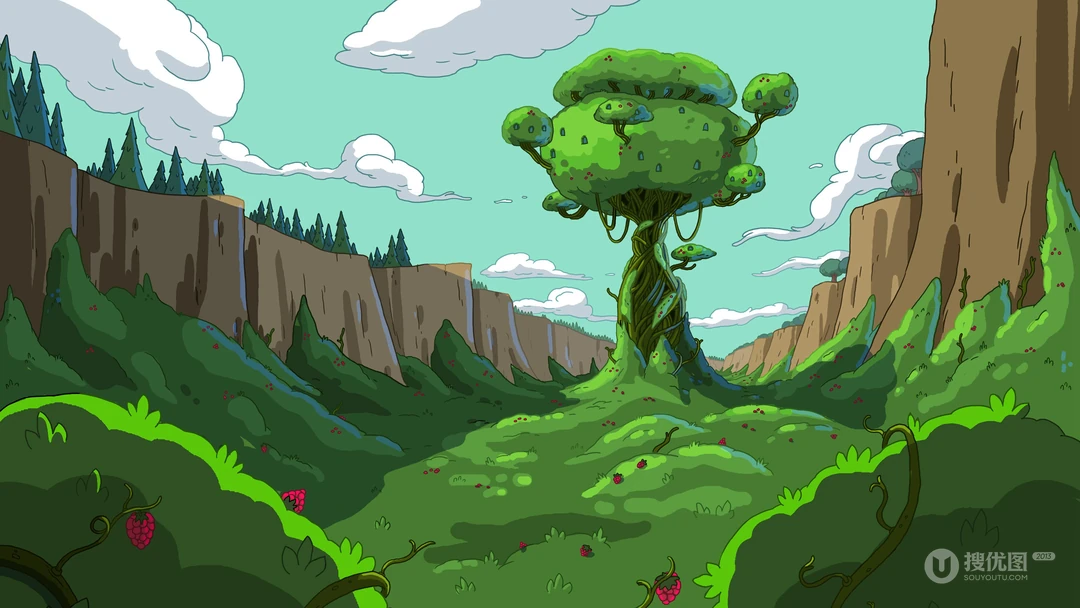 动画片《探险活宝》绿色的卡通山水场景2K高清壁纸免费下载