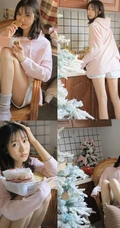 爱笑的美丽女孩，厨房一角浅粉女生粉衣短裤居家写真图片