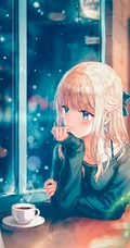 喝着咖啡的可爱动漫美女4K手机壁纸图片