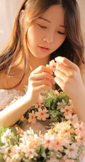 长发白裙仙气少女手拿编织花帽室内甜美怡人写真图片