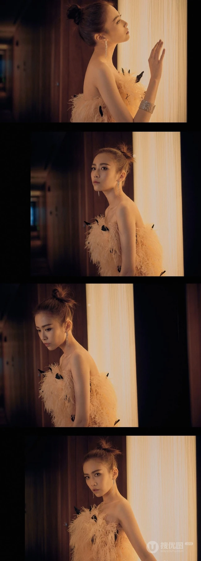 刘美彤丸子头造型仙美亮相，穿着露背羽毛裙尽显温柔气质