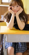 制服短裙齐刘海长发学生妹教室桌椅间清新写真图片