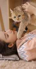 爱逗猫的白皙线条感少女，穿着毛衣短裤气质室内写真图片