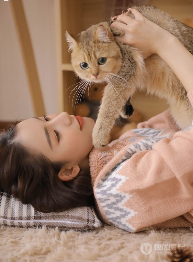 爱逗猫的白皙线条感少女，穿着毛衣短裤气质室内写真图片