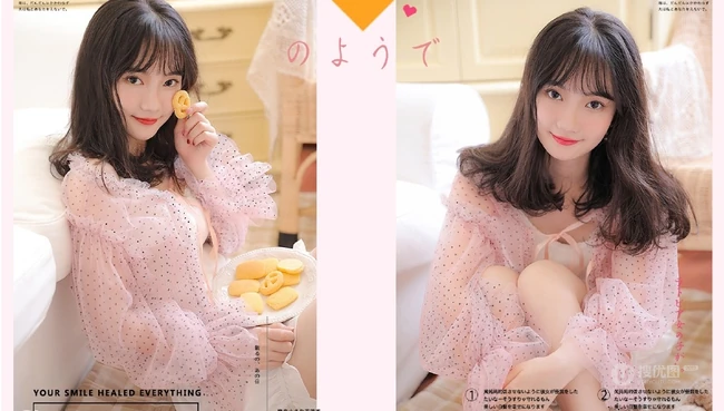 韩系少女着轻纱粉衣搭配白色短裤居家室内写真图片