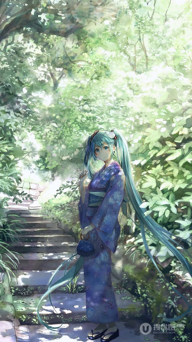 青色长发双马尾的动漫虚拟人物初音未来高清手机壁纸