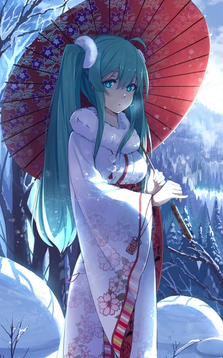 穿和服的初音，日系风格初音动漫手机壁纸