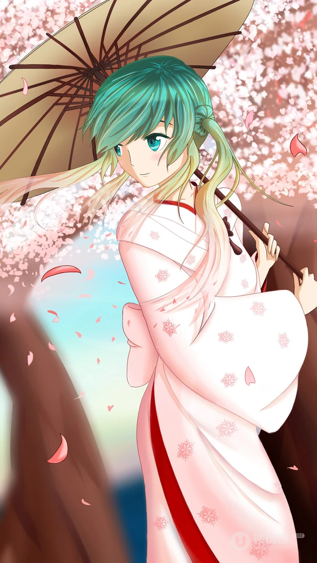 穿和服的初音，日系风格初音动漫手机壁纸