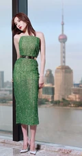 刘美彤大秀美背，着绿色闪光裙优雅动人写真图片