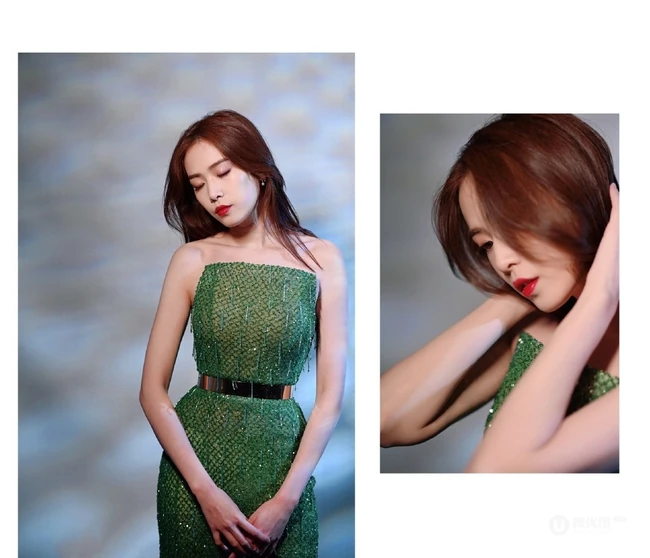 刘美彤大秀美背，着绿色闪光裙优雅动人写真图片