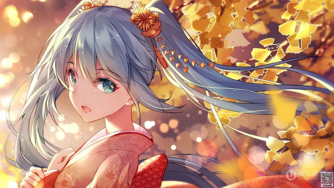 樱花动漫少女初音，穿和服的初音高清电脑壁纸
