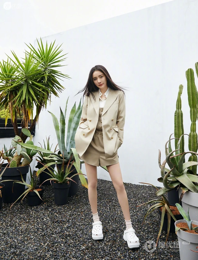 杨幂绿洲植物园中干练写真美图，西装短裤尽显动人大白线条感