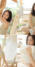 清新美眸大眼睛女生V领小碎花上衣短裤室内写真美图