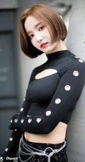 韩国女生歌手妍雨紧身黑色礼裙衣气质图片，短发造型清爽靓丽