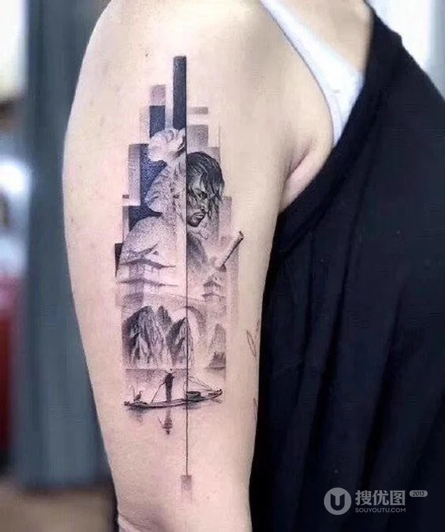 黑白纹身几何拼接图案纹身，个性男生大臂，手臂几何拼接纹身图案 第3张