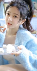 精选高颜值白皙匀称女生慵懒蓝色居家服气质室内写真图片