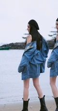 杨幂黑色贝雷帽搭配牛仔衣外套短裙现身海边酷美写真图片