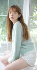 长发大眼线条感少女淡蓝色毛衣短裤室内写真图片