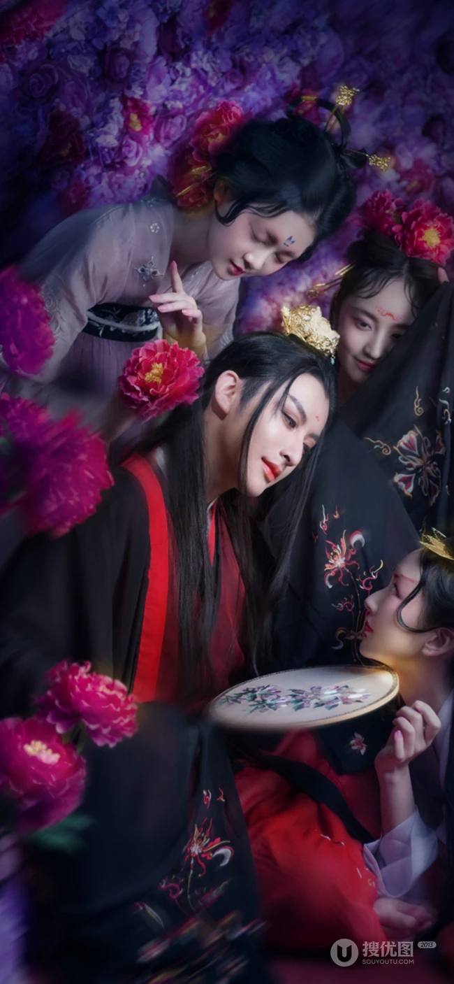 唯美美艳妃子围绕着的古风美男精美手机壁纸图片