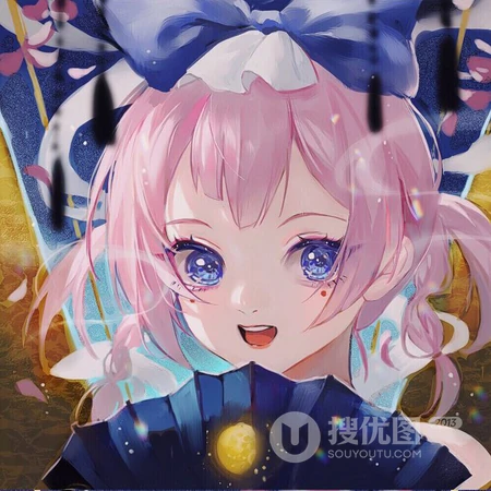 蓝色日系和服女生蝴蝶环绕动漫头像