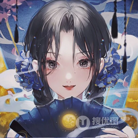 蓝色日系和服女生蝴蝶环绕动漫头像