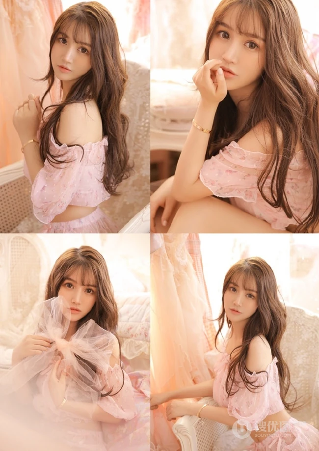 粉色系少女闺房，微卷长发少女粉色轻纱短裤闺房写真图片