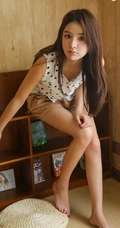 气质型混血少女波点上衣短裤书房悠闲写真图片