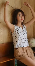 气质型混血少女波点上衣短裤书房悠闲写真图片
