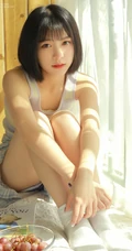 短发清新少女室内晒太阳写真，肩带背心搭短裤皮肤超白