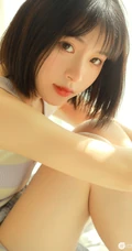 短发清新少女室内晒太阳写真，肩带背心搭短裤皮肤超白