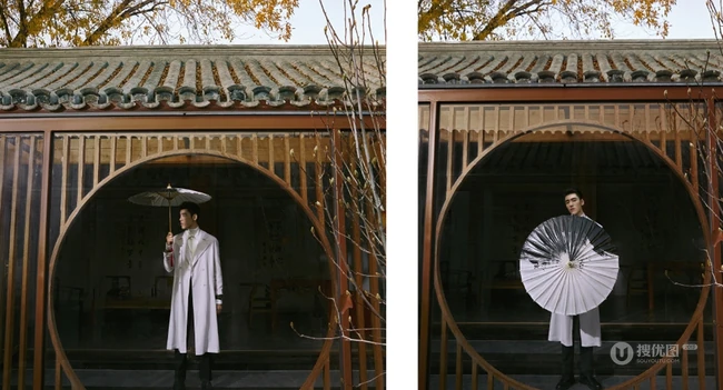 王子异全白look国潮风造型屋顶写真，西服长裙潇洒倜傥