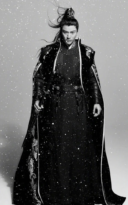 贾乃亮高扎马尾古装造型写真图片，仗剑雪中行，霸气尽显