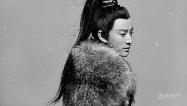 贾乃亮高扎马尾古装造型写真图片，仗剑雪中行，霸气尽显
