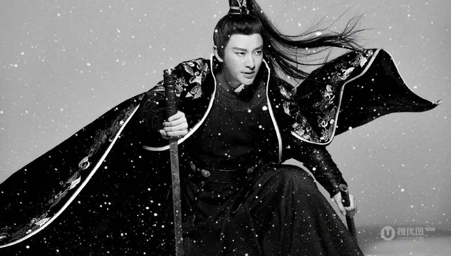 贾乃亮高扎马尾古装造型写真图片，仗剑雪中行，霸气尽显