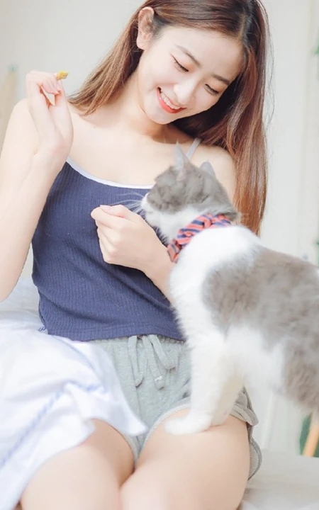一台相机，一只猫，背心短裤可爱少女的唯美温馨室内图片