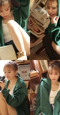 丸子头绿衣短裤元气少女搞怪可爱室内写真图片