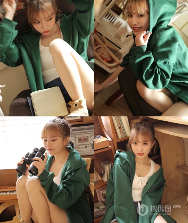 丸子头绿衣短裤元气少女搞怪可爱室内写真图片