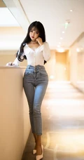 女生模特Miko酱吖剧情版写真，气质紧身牛仔裤与衬衫袜装主题的魅惑