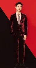 帅气男星李现暗红色带绒西装领带棚拍写真图片