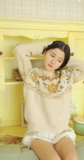 黑直长发治愈系清纯线条感女孩毛衣短裤小清新室内写真图片