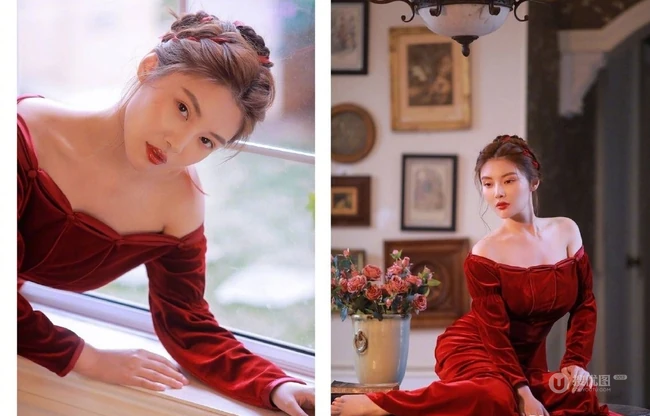 徐冬冬妩媚图片，微胖女生徐冬冬红衣长裙复古写真图片