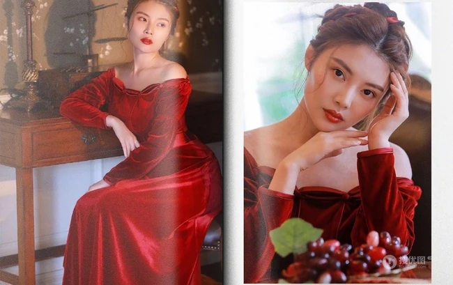 徐冬冬妩媚图片，微胖女生徐冬冬红衣长裙复古写真图片