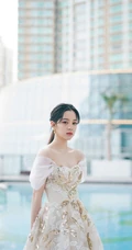 欧阳娜娜气质低领礼裙轻纱连衣裙街拍写真图片