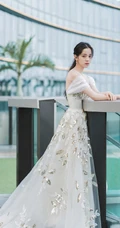 欧阳娜娜气质低领礼裙轻纱连衣裙街拍写真图片