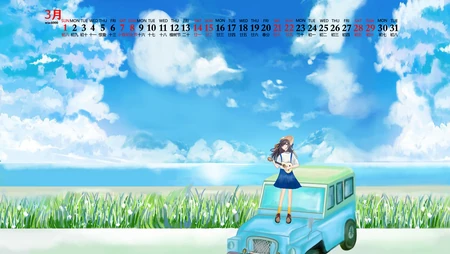 2020年3月日历壁纸，3月唯美手绘插画卡通日历桌面壁纸图片