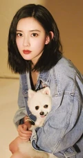 孟子义怀抱狗狗拍摄室内写真，牛仔衣搭配齐肩短发酷美动人