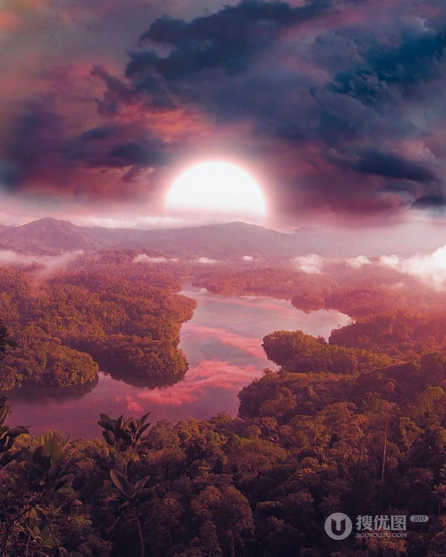 唯美的月亮下的山水风景背景图片 第1张