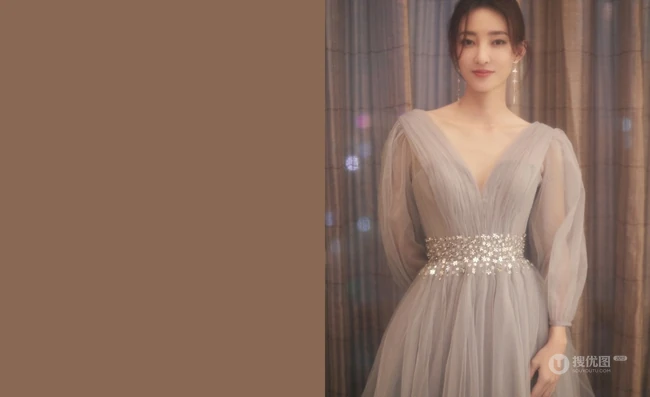 王丽坤灰色V领轻纱礼服长裙婉约柔美写真图片
