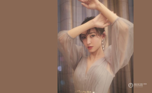 王丽坤灰色V领轻纱礼服长裙婉约柔美写真图片